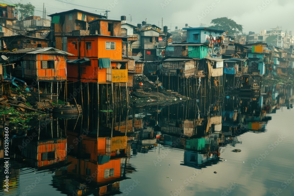 Poster a cluster of makeshift homes built on stilts over a polluted waterway, with reflections creating a m