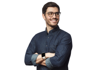 Young handsome man dressed in casual denim shirt with smartwatch on wrist