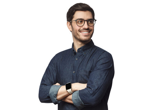 Young handsome man dressed in casual denim shirt with smartwatch on wrist