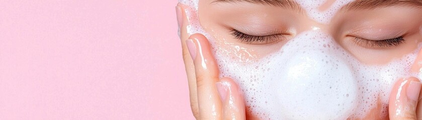 Fototapeta premium Teenage girl with acne on her cheeks, using a gentle facial cleanser