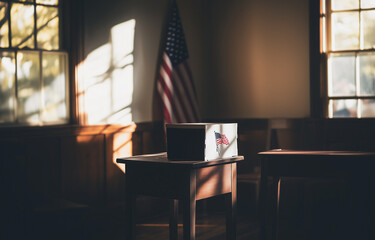 USA Elections Concept: Solemn Voting Booth with American Flag – Clean Composition, Subtle Lighting