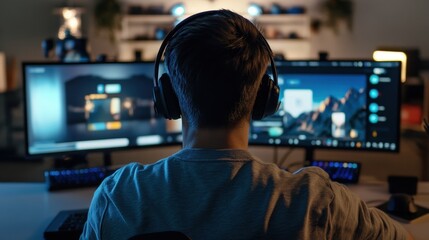 Gamer Playing Video Game with Headphones on