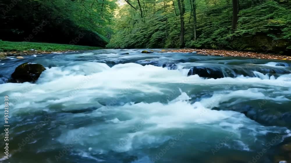 Poster a serene river flows through a lush forest, cascading over smooth rocks and creating gentle ripples.