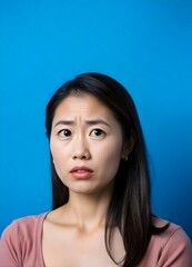 A Woman Looking Sideways with Concerned Expression on Blue Background