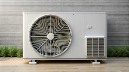 Air heat pump unit providing heating and cooling with inverter technology, equipped with a fan for ventilation, AC, heat pump, inverter