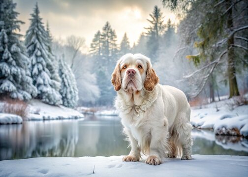 A charcoal drawing of a Clumber Spaniel stands serene in a snow-covered forest, gaze fixed on a frozen lake, silhouette against winter's icy mist.