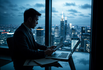 Executive Working Alone in a Highrise Office at Night