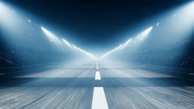 A striking image of an empty catwalk illuminated by intense spotlights, creating a atmosphere. polished runway, marked by white lines, evokes anticipation and theatricality