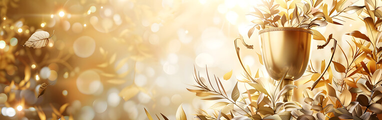 Shiny sparkling champion gold cup on golden bright bokeh in background with golden leaves 