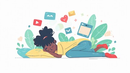 Fototapeta premium Young woman napping during workday, balancing self-care.
