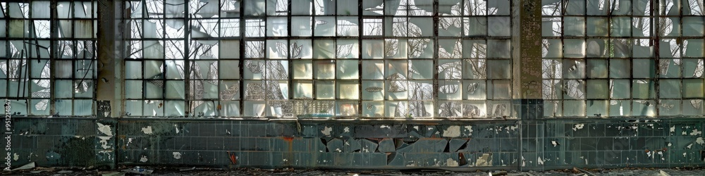 Aufkleber broken glass block windows in a deserted structure.