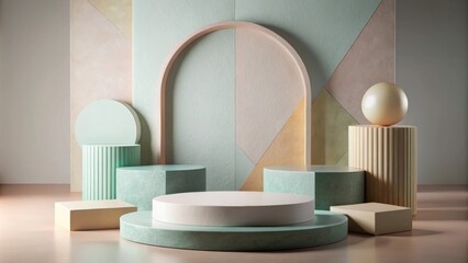 Stone podium with geometric pastel shapes , pastel, geometry, stone, podium, abstract, colorful, shapes, design, decoration