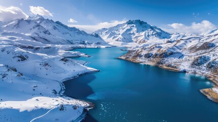 Naklejka premium Snowy mountains surrounding with blue waters and white snow.