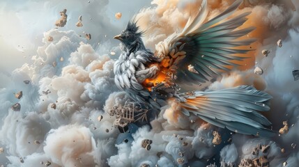A phoenix rises from the ashes of a destroyed city.