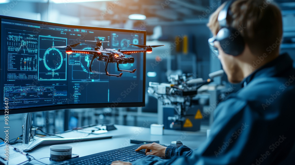 Poster drone operator controlling drone with computer in industrial setting