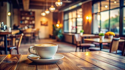 Cup of coffee on a wooden table in a cozy cafe setting, Cafe, blurred background, beverage, caffeine, morning, relaxation, drink