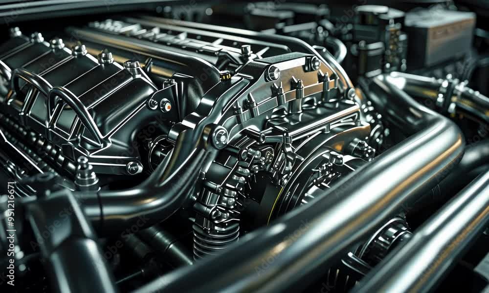 Poster intricate details of a car engine's machinery, highlighting the complexity and precision of automoti