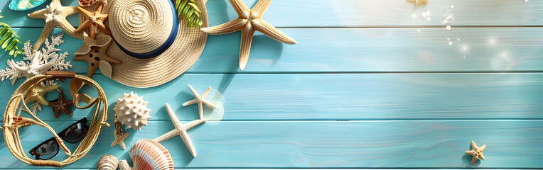 Top view beach with glasses and star fishes on blue wooden background with copy space