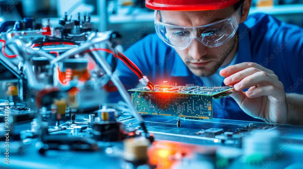 Poster electronics engineer working on circuit board in factory