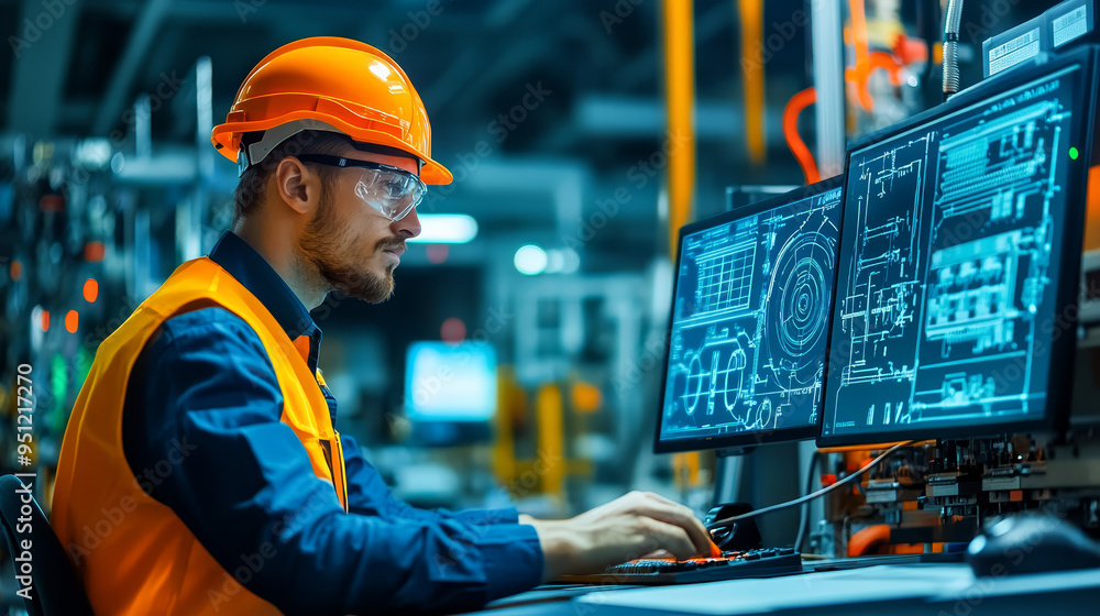 Poster industrial engineer working on computer with blueprints