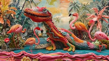 Obraz premium A knitted reptile standing on a rosy flamingos on a riverside