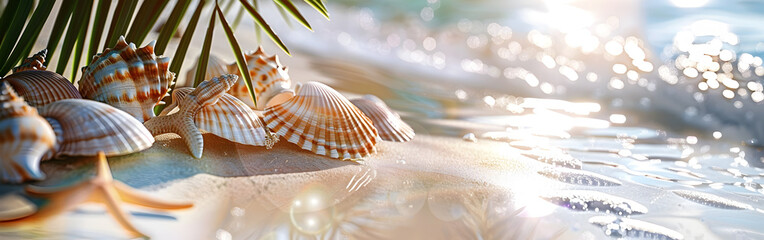 The many shells and starfish on white sand with beautiful ocean background