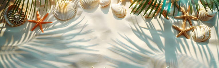 Tropical beach sand, shells starfishes and ocean the shadow in background
