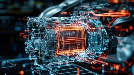 Electric car engine assembly with a focus on the drive unit, power electronics, and thermal management system, all in vibrant cyan hues for enhanced visual clarity