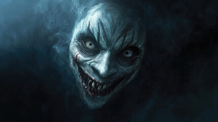A chilling image of a grotesque mask with elongated features, dark sunken eyes, and a twisted smile, set in a dark and misty environment.