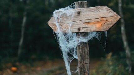 Old wooden signpost pointing to a haunted forest, covered in cobwebs, Spooky wooden signpost, Halloween direction