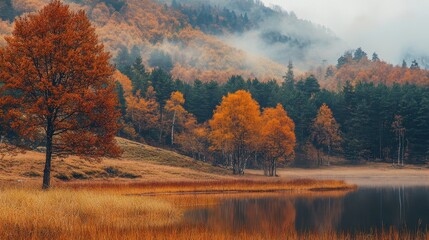 Fototapeta premium Vibrant Autumn Landscape: Misty Mountain Lake Reflected in Fall Foliage