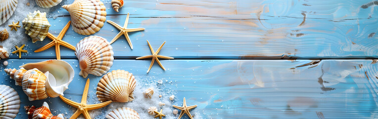 A collection of colorful sea shells and starfishes placed on a wooden table in background