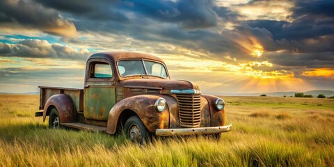 Old rusty pickup truck left abandoned in a field , abandoned, vintage, vehicle, decay, countryside, rural, weathered