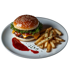 Burger and French fries isolated on transparent background,Combom Burger and friees, tasty burger with French fries, Burger on white plate, Set of burger,png, Ai generated