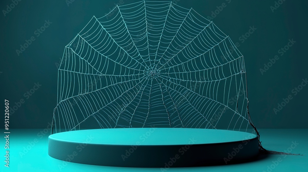 Poster spider web on turquoise background, round podium. an empty halloween showcase for displaying goods. 