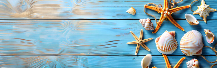 Many beautiful colorful exotic seashells with selective focus on blue wooden textured background 