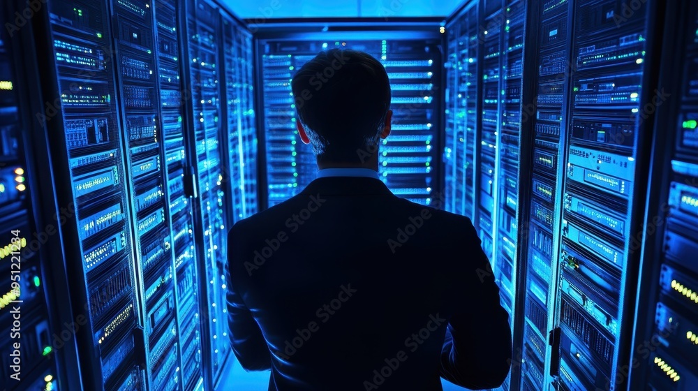 Poster silhouette of a person in a futuristic data center with server racks