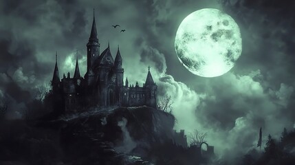 Halloween background with haunted castle and full moon
