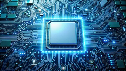 Fototapeta premium Circuit board with a glowing processor, technology, electronics, computer, hardware, motherboard, microchip