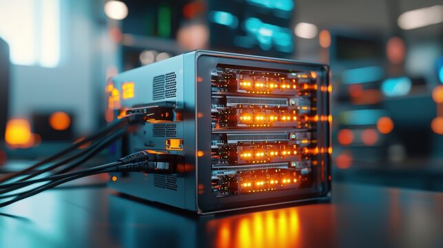 High-resolution close-up of a sleek two-bay NAS enclosure positioned on a modern desk with its front panel illuminated, showcasing its dual drive bays and multiple connectivity ports