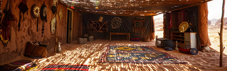 Moroccan carpets for sale in house on send desert with light in background 