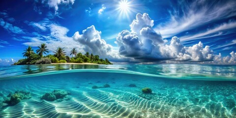 Beautiful tropical underwater scene with clear blue skies, pure clouds, and shimmering light , tropical