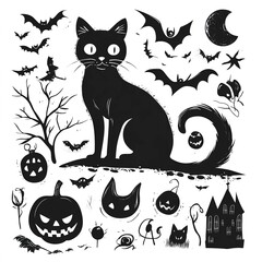 Halloween silhouettes icon and character. a Cat and spooky elements for Halloween decorations, silhouettes, sketch, icon, sticker.