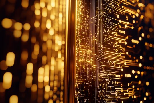 Abstract close-up of a glowing gold circuit board representing advanced technology and futuristic digital innovation.