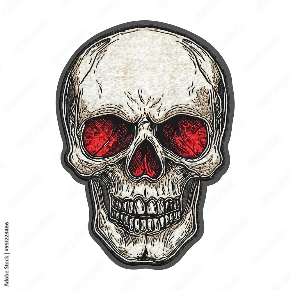 Poster embroidered skull patch sticker, stitched patchwork icon on white background 