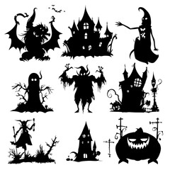 Fototapeta premium Set of halloween silhouettes black icon and character on white background