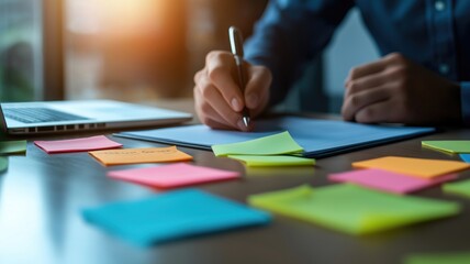 A business strategist working late at night, surrounded by notes