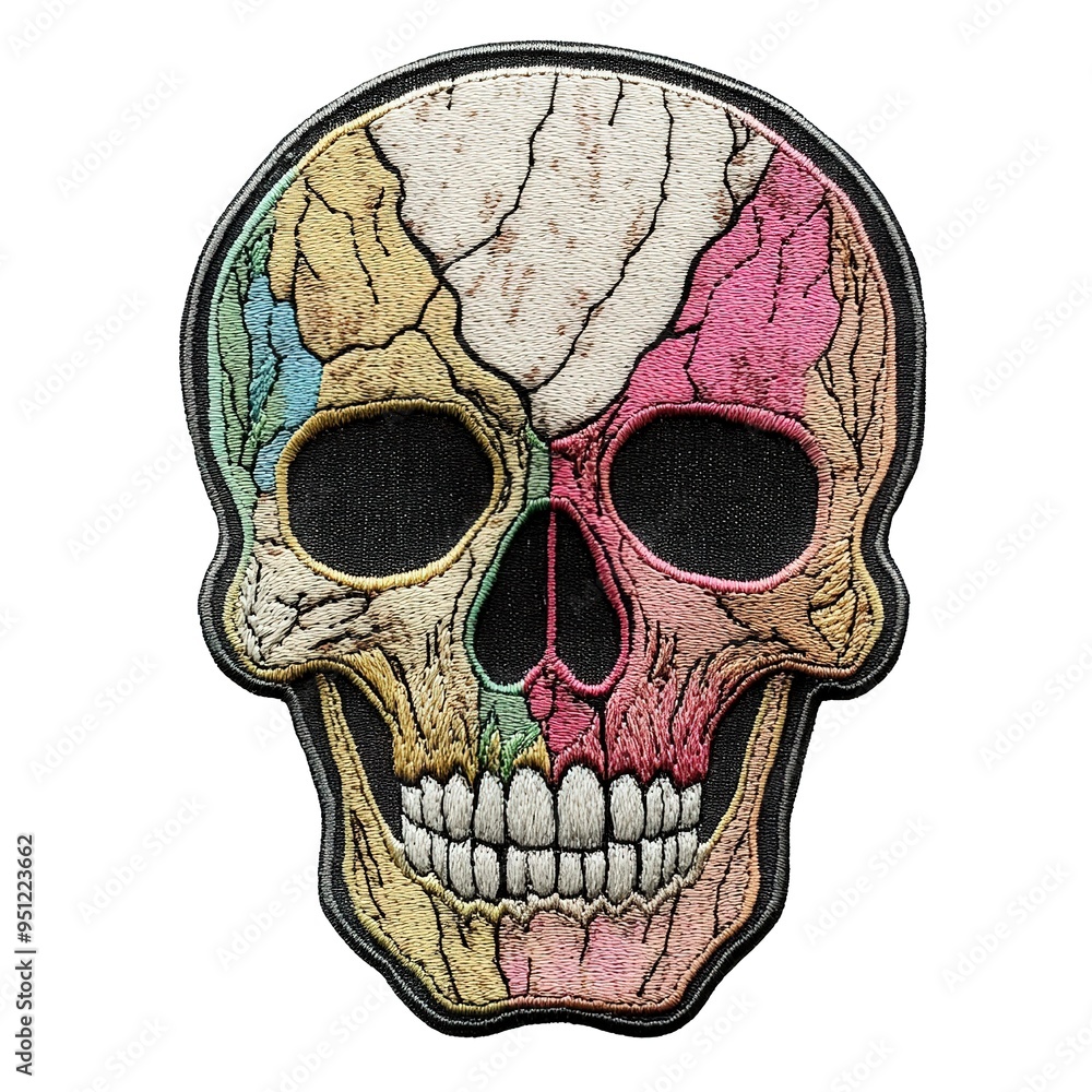 Sticker embroidered skull patch sticker, stitched patchwork icon on white background