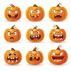 Vector set of Halloween pumpkin faces with different expressions on white background.