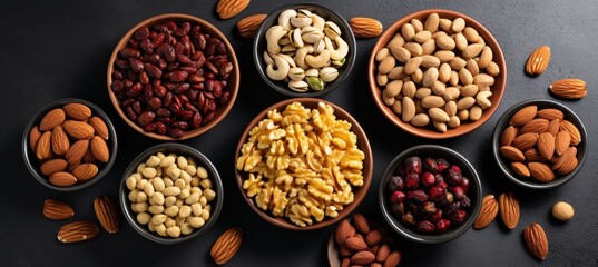 A vibrant assortment of various nuts and dried fruits in bowls arranged thoughtfully on a dark surface